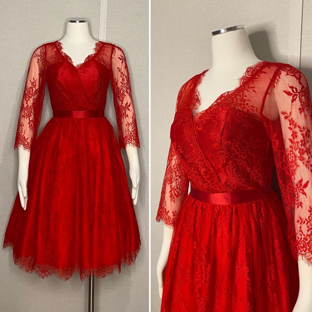 Chi Chi London romantic red lace full skirt dress